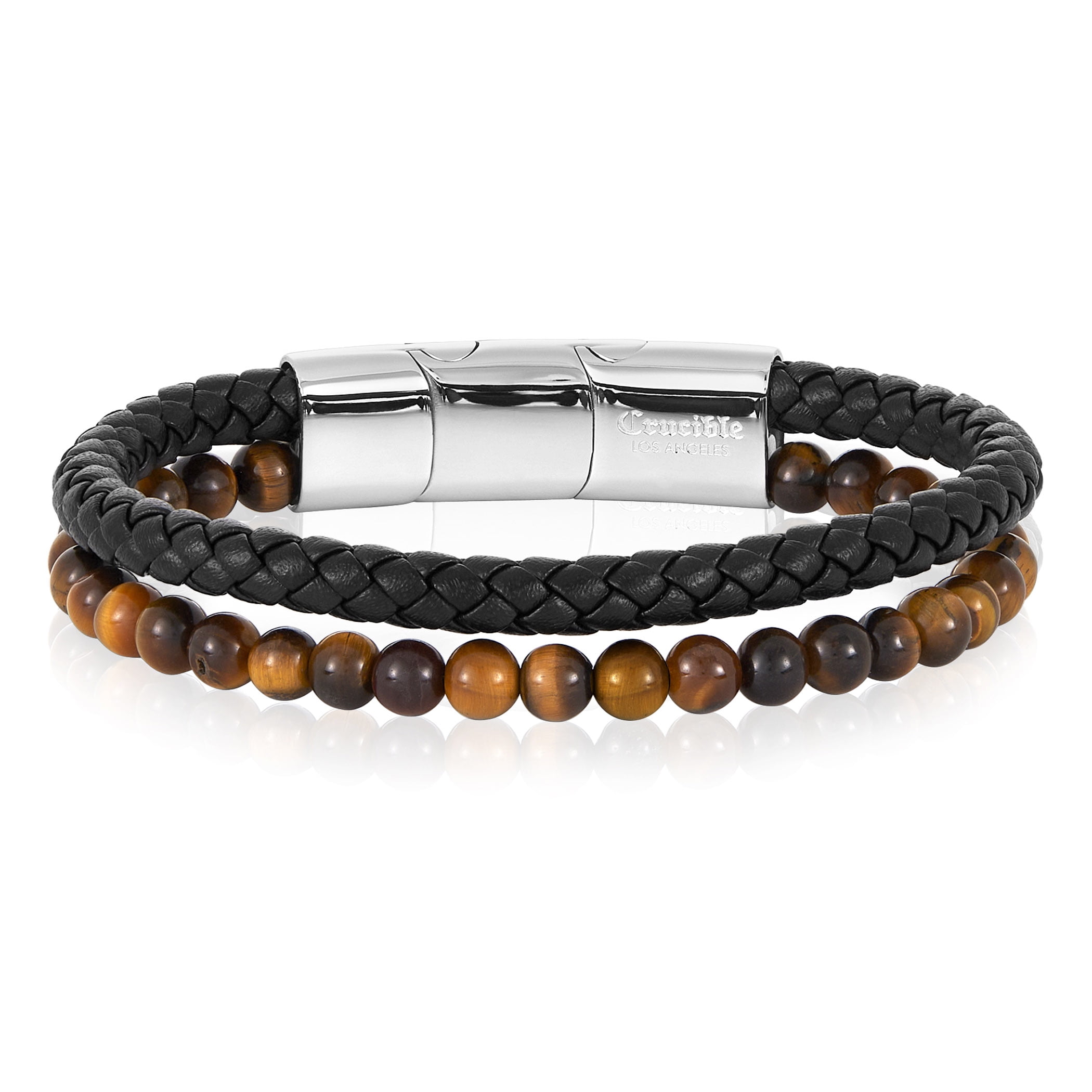 Crucible Jewelry Men's Tiger Eye Stone Stainless Steel Clasp Leather Bracelet